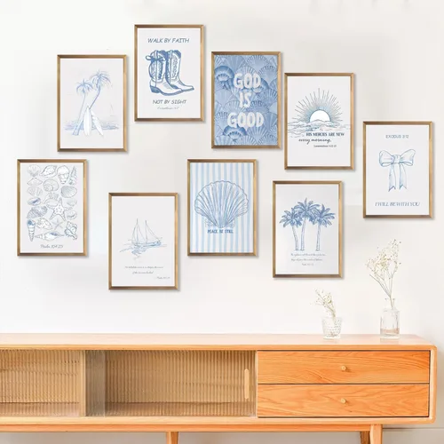 Miniatura 5 de 9 Piezas Arte de Pared Cristiano Costero Azul Pósteres de Conchas Marinas Versículos Bíblicos Inspiradores Océano Playa Estrella de Mar Palmera