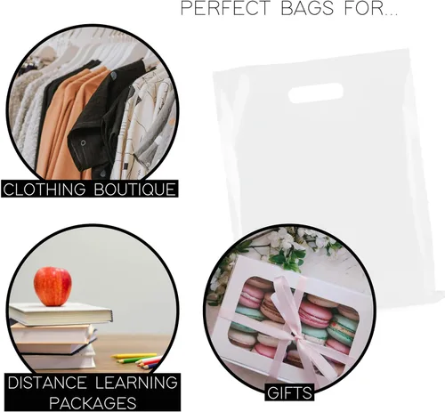 Miniatura 4 de Purple Q Crafts Bolsa de plástico con asa troquelada 12 "x 15" Bolsas de plástico blanco para mercancía 100 unidades para venta al por menor