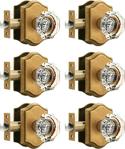 Miniatura 29 de Gobrico Paquete de 5 pomos de puerta de cristal de paso en latón antiguo para pasillo, armario, lavandería, forma octágono transparente, sin llave