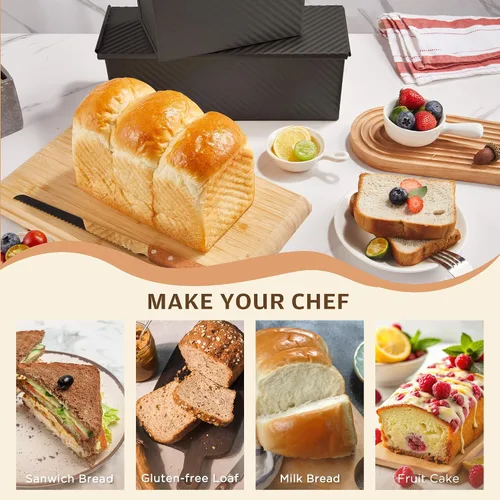 Miniatura 7 de KITESSENSU Molde para pan Pullman de acero al carbono con tapa, capacidad de masa de 1 libra, negro, antiadherente, pan y tostadas