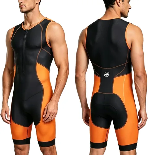 Triathlon Suits Mens One-Piece Sleeveless Trisuits Skin Wet Suit for Running Cycling Swimming 2-Negro - Anaranjado