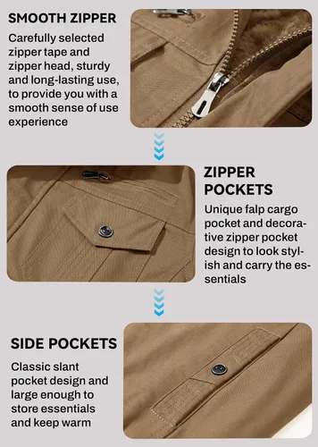 Miniatura 5 de EKLENTSON Chaqueta térmica gruesa de invierno para hombre con múltiples bolsillos con cremallera frontal forro polar chaqueta militar para hombre