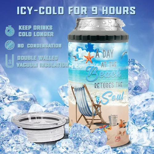 Miniatura 4 de Dorris A Day At The Beach Restore The Soul Can - Vaso enfriador de latas con nombre personalizado 4 en 1 con aislamiento de 16 onzas con tapa, Playa