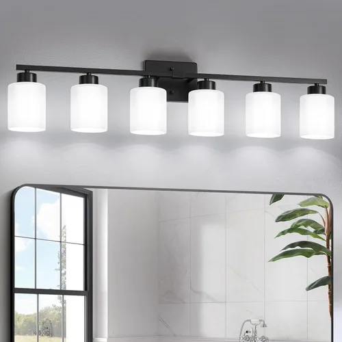 Miniatura 19 de FonmYim Lámpara de baño negra, lámpara de tocador moderna de 3 luces sobre espejo, apliques de pared con pantallas de vidrio esmerilado blanco
