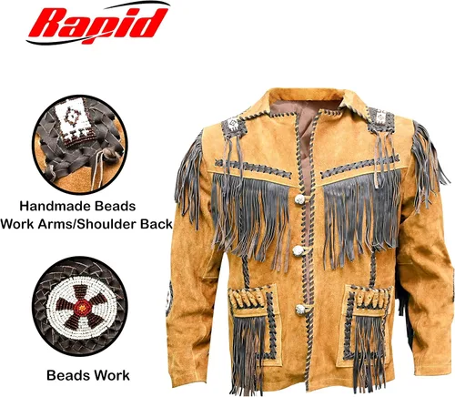 Miniatura 3 de Chaqueta de cuero vaquero occidental para hombre con flecos de ante nativo americano con cuentas de cuero tradicional - marrón tostado