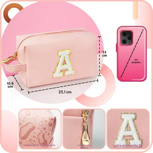 Miniatura 4 de Bolsa de maquillaje personalizada con inicial con asa, bolsa de cosméticos de preparación con bolsillo interior con cremallera, 8, 9, 10, 11, 12