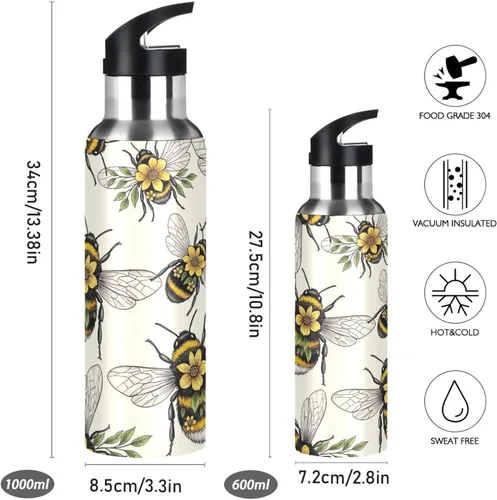 Miniatura 2 de Insulated Stainless Steel Water Bottle with Straw 20 Oz, Leakproof Water Bottles for Gym Outdoor Travel School, Yellow Flowers Leaves Wings
