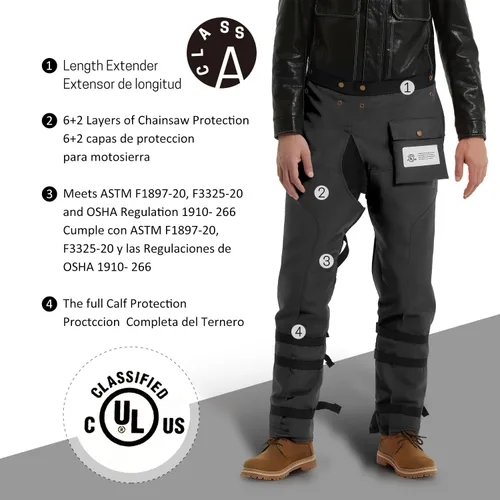 Miniatura 2 de Delantal protector de 8 capas para motosierra, pantalones ajustables para motosierra, para madereros, trabajadores forestales clase A Negro