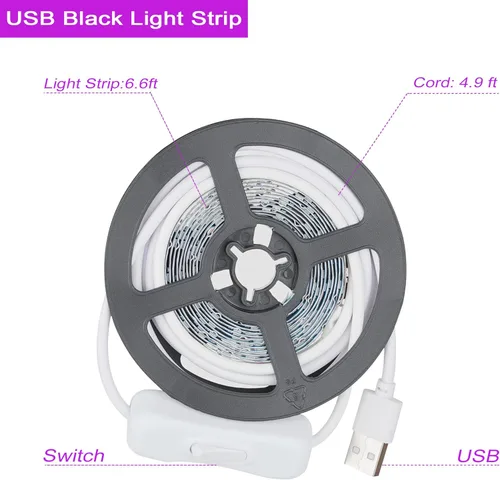 Miniatura 3 de Tira de luz negra USB, 6.6 pies, 10 W, luces LED UV, 395-400 nm, CC 5 V, 120 cuentas de lámpara, brillan en la oscuridad para Halloween, cumpleaños