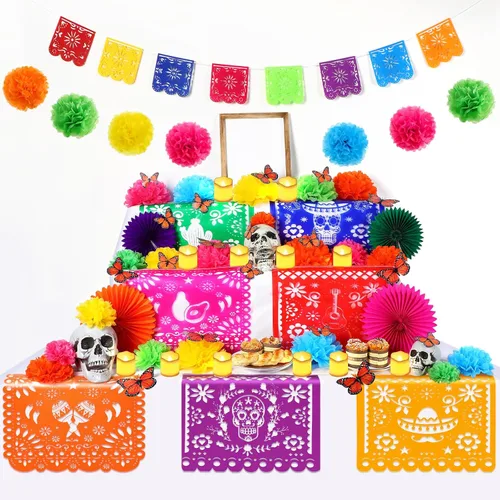Miniatura 9 de Newwiee Juego de 82 velas LED de papel sin llama, abanico de flores de caléndula, diseño de mariposa monarca, papel picado, mantel desechable