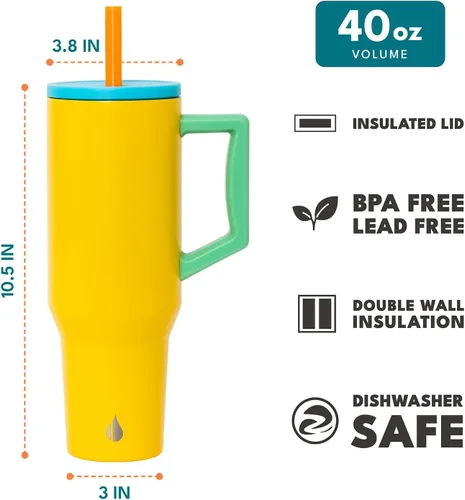 Miniatura 2 de Elemental Vaso de 40 onzas con asa y popote - A prueba de derrames, aislado de acero inoxidable para uso diario - Taza de café de viaje con 2
