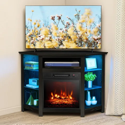 COSTWAY Soporte de TV de esquina con chimenea eléctrica con luces LED de 16 colores, 3 brillos, control remoto y aplicación, moderno centro de Negro