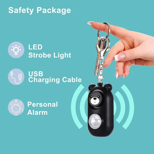 Miniatura 6 de Llavero de alarma de seguridad personal con luz LED, alerta de emergencia de 130 dB, diseño de oso recargable para mujeres, niños y niñas