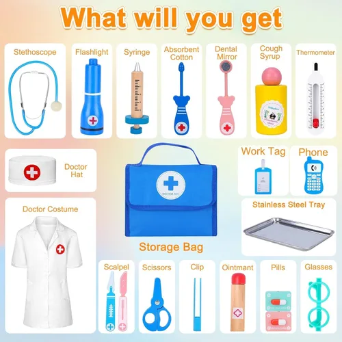 Miniatura 2 de Kit de médico para niños pequeños de 3 a 5 años, kit de médico para niños con bolsa de almacenamiento médico y estetoscopio real, disfraz de médico