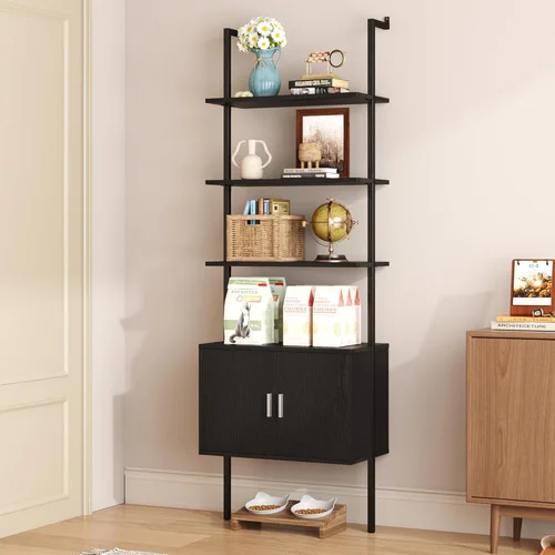 Miniatura 4 de Yusong Estantería alta de 73" con gabinete, estantería tipo escalera para montaje en pared con marco de madera y metal, estantería para plantas