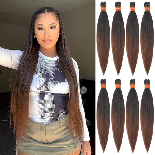 Miniatura 39 de Cabello trenzado preestirado ombré, extensiones de cabello trenzado sedoso, sin picazón, trenzas de cabello trenzado de ganchillo con textura Yaki