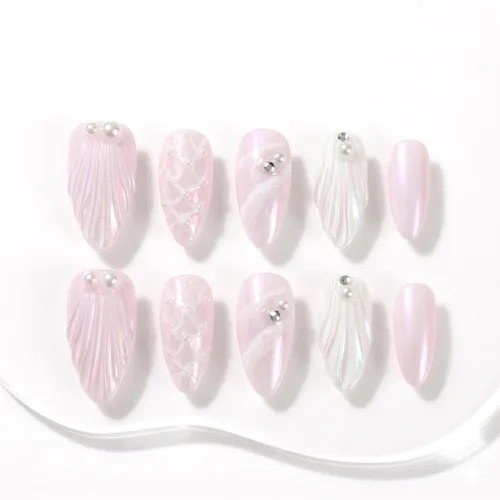 Miniatura 32 de Sun&Beam Nails Uñas a presión hechas a mano medianas con diseño de concha rosa metálica con acabado brillante, 10 piezas para uso diario y ocasiones