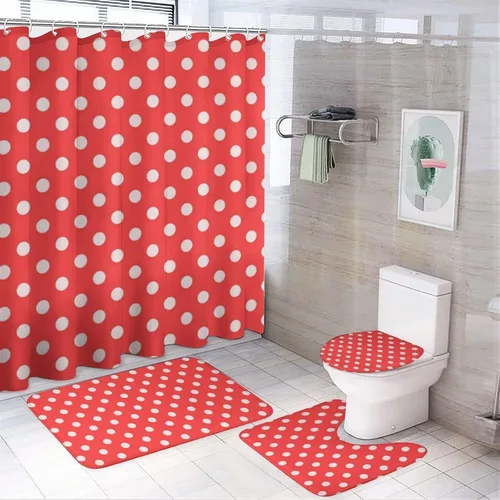 Miniatura 40 de Juego de 3 alfombras de baño con diseño de lunares, color azul aguamarina, antideslizante, con contorno en forma de U y tapa de inodoro