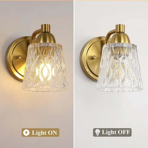Miniatura 8 de Mecgirn Stainless Steel Bathroom Vanity Light Over Mirror, 1 Light Brushed Gold Bathroom Light Fixtures with Textured Glass Shades, Modern Vanity