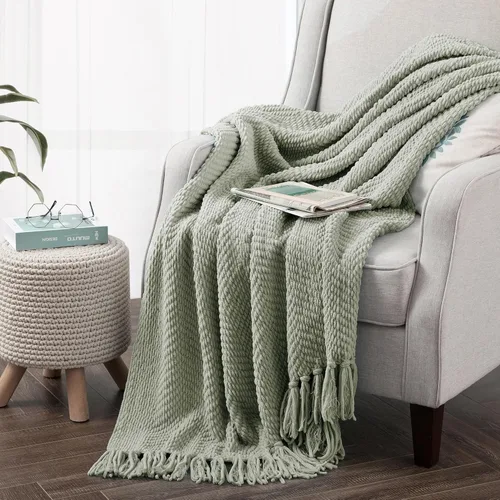 Miniatura 35 de Manta de tweed con borlas de flecos para sofá, decoración del hogar, cama, sofá, silla, 50 x 60 pulgadas, naranja óxido