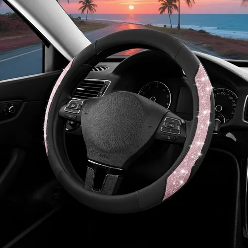 Miniatura 13 de PIC AUTO Funda para volante, purpurina de cristal brillante con cuero negro, ajuste universal de 14.5 a 15.5 pulgadas para volantes de automóvil