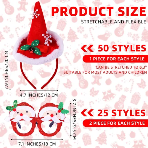 Miniatura 2 de Yunlly Juego de 100 diademas navideñas y marco de lentes, incluye 50 estilos de diademas navideñas con 50 gafas de Navidad, divertidos muñecos