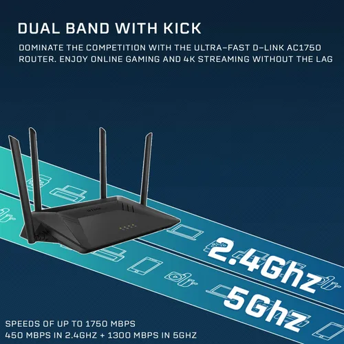 Miniatura 3 de D-Link Enrutador WiFi, AC1750 Internet inalámbrico para transmisión en el hogar Gigabit y juegos, Smart Dual Band MU-MIMO Controles parentales QoS