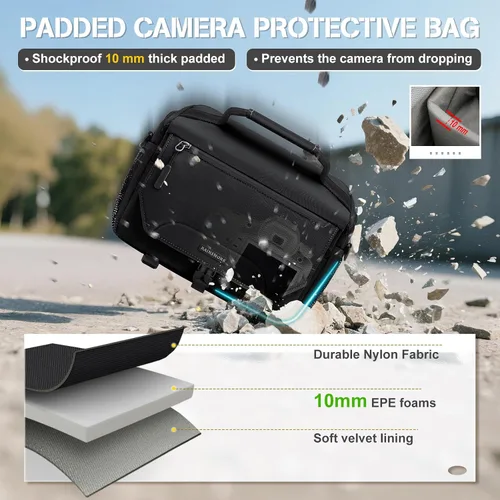 Miniatura 4 de RAINSMORE Bolsa para cámara, pequeña, de bandolera, para cámara DSLR/SLR/sin espejo, bolsa de hombro impermeable con soporte para trípode y cubierta