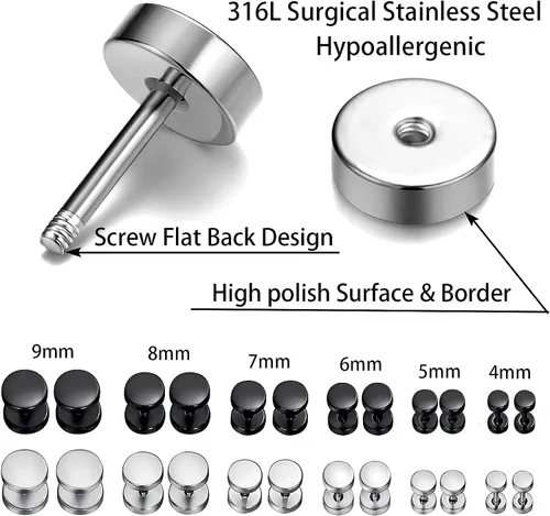 Miniatura 4 de Aretes de acero quirúrgico 316L para hombre, con parte trasera plana, hipoalergénicos, de titanio, para mujer, Acero inoxidable, No es una piedra