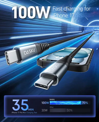 Miniatura 2 de Cable USB C a USB C extra largo de 100 W [paquete de 15 pies/2 unidades] Cable de carga rápida compatible con iPhone 17/17 Pro Max, iPhone 16 Negro
