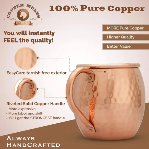 Miniatura 3 de Copper Mules PURE - Juego de tazas de cobre extra gruesas/acabado martillado de 2 barriles – Interior EasyCare ideal para mulas de Moscú – Mango