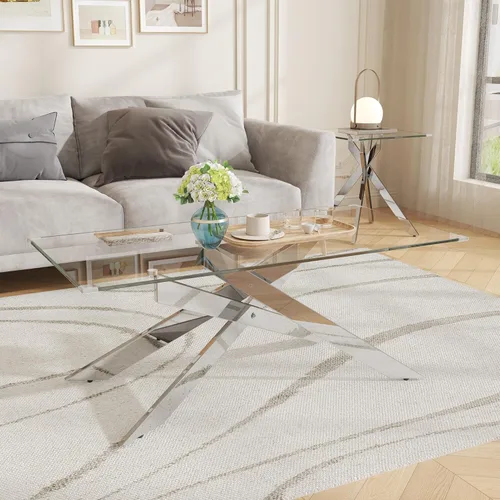 Miniatura 14 de Mesa de centro de cristal de 47 pulgadas con parte superior de vidrio templado y patas de metal dorado, mesa central rectangular moderna para sala