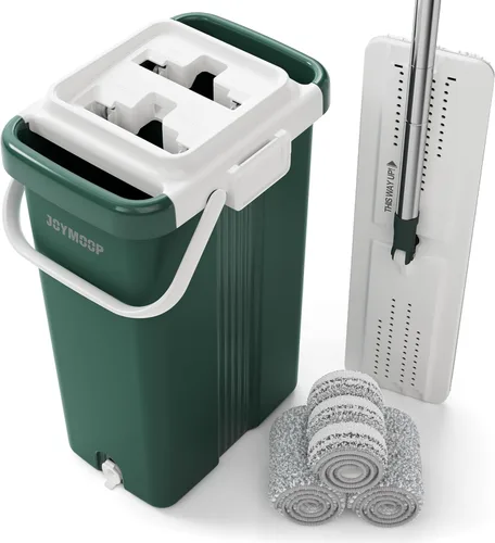 JOYMOOP Juego de trapeador comercial y cubo, trapeadores antipolvo de 17.7 pulgadas para limpieza de suelos, cubo plano para fregona con escurridor,