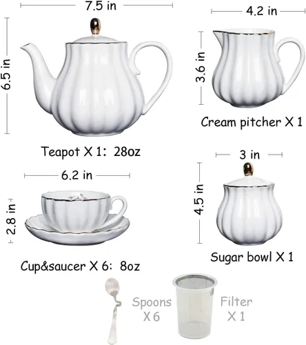 Miniatura 3 de Sweejar Juegos de Té de Porcelana Serie British Royal, Tazas y Platillos de 8 OZ para Servicio de 6, con Tetera Azucarero Jarra de Crema Cucharitas