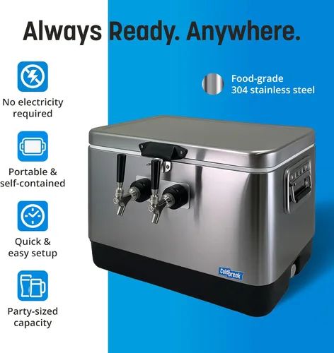 Miniatura 3 de Coldbreak Jockey Box de 2 grifos, enfriador de 54 cuartos de galón con bobinas de acero inoxidable de 50 pies, entrada frontal para una Plateado