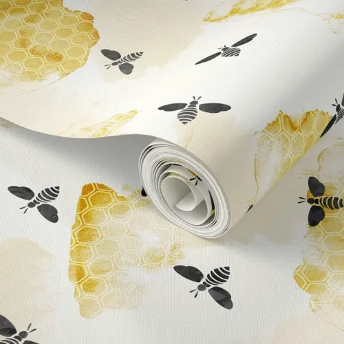 Miniatura 2 de Spoonflower Papel tapiz autoadhesivo de 3 x 2 pies – Abeja verano jardín acuarela miel oro negro nido de abeja insectos colmena abeja abejas papel