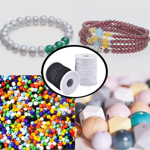 Miniatura 8 de Cuerda elástica para pulseras, 2 rollos de 1 mm de cordón elástico resistente para hacer joyas, collares, cuentas en blanco y negro