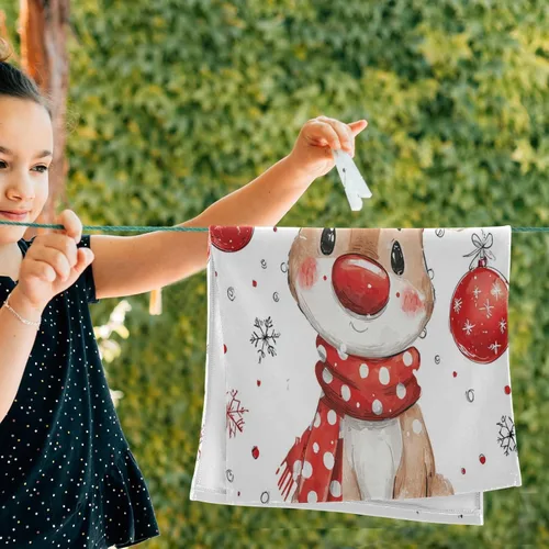 Miniatura 5 de Vdsrup Juego de 2 toallas de mano de reno de Navidad, diseño de ciervos de invierno, juego de 2 toallas de baño con copos de nieve, toalla suave