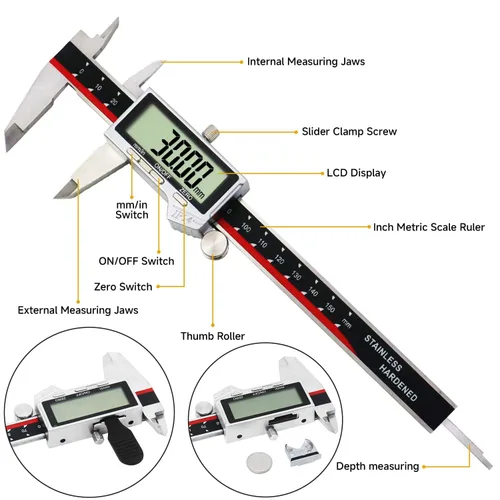 Miniatura 6 de Calibre digital, herramienta de medición de calibre de acero inoxidable impermeable IP54, pinza Vernier con pantalla LCD enorme, función de apagado