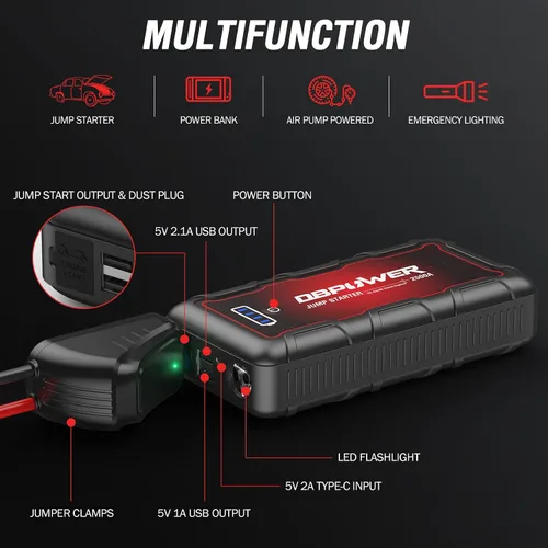 Miniatura 6 de DBPOWER Arrancador de auto portátil 2500A pico 74Wh (motores de hasta 10L de gasolina/8L de diésel) 12V paquete de batería portátil con cables