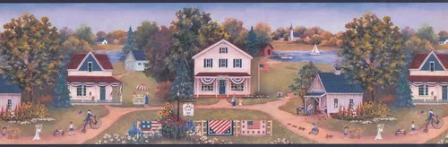 Miniatura 2 de Chesapeake Retro American Village Flags Lake - Papel tapiz patriótico, diseño retro, rollo de 15 x 8 pies, 120 pies cuadrados, vinilo prepegado