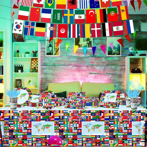 Miniatura 5 de International World Flags - Juego de vajilla de 142 piezas de banderas internacionales, platos y servilletas, tazas, pancartas, mantel de banderas