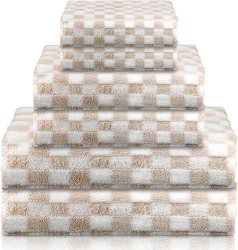 Kinlop Juego de 6 toallas de baño a cuadros, ligeras, color coral, de secado rápido, con patrón fino de forro polar coral, toalla de mano para baño,