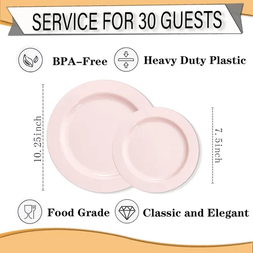 Miniatura 3 de FLOWERCAT 60 platos de plástico rosa, platos rosados resistentes desechables para fiestas de primavera y día de la madre/boda, para 30 invitados