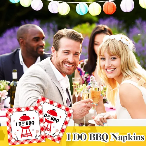 Miniatura 7 de Gueevin 100 servilletas de cóctel I Do BBQ, decoraciones de barbacoa rojo y blanco, servilletas a cuadros de papel desechable para bodas, despedidas