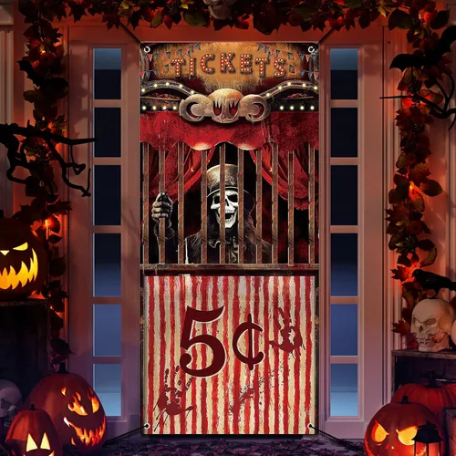 Miniatura 7 de Preboun Decoraciones de carnaval de Halloween, cubierta de puerta de Halloween, accesorio para taquilla de boletos de circo, cartel espeluznante