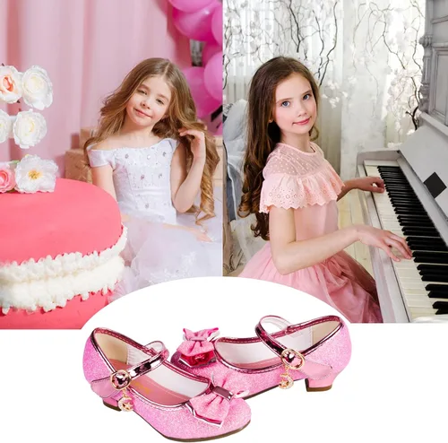 Miniatura 6 de TANDEFLY Zapatos de vestir para niñas, Mary Jane, boda, fiesta, talón, lazo con purpurina, zapatos de princesa con flores para niños pequeños
