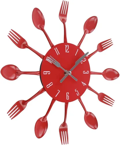 Miniatura 4 de Reloj de pared de cocina, 32x32x4CM, rojo, movimiento de cuarzo, silencioso, diseño creativo