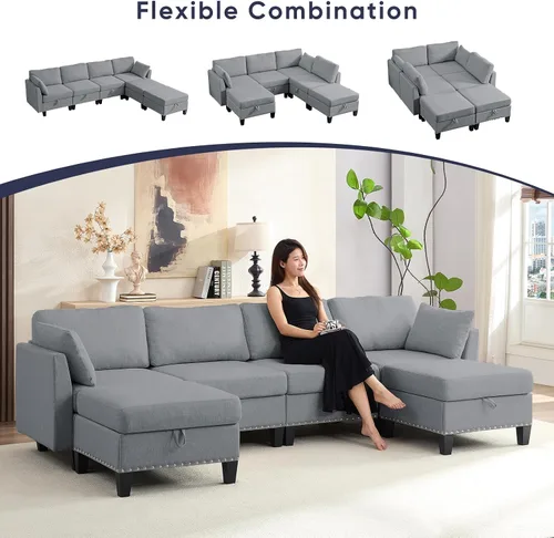 Miniatura 7 de ijuicy Sofá modular convertible de 110 pulgadas con asientos de almacenamiento y 2 otomanas móviles, sofá modular en forma de U de 6 asientos