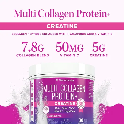 Miniatura 4 de Proteína de colágeno múltiple + creatina 0.18 oz de monohidrato de creatina con colágeno tipos I, II, III, V y X Apoyo para el cabello, la piel